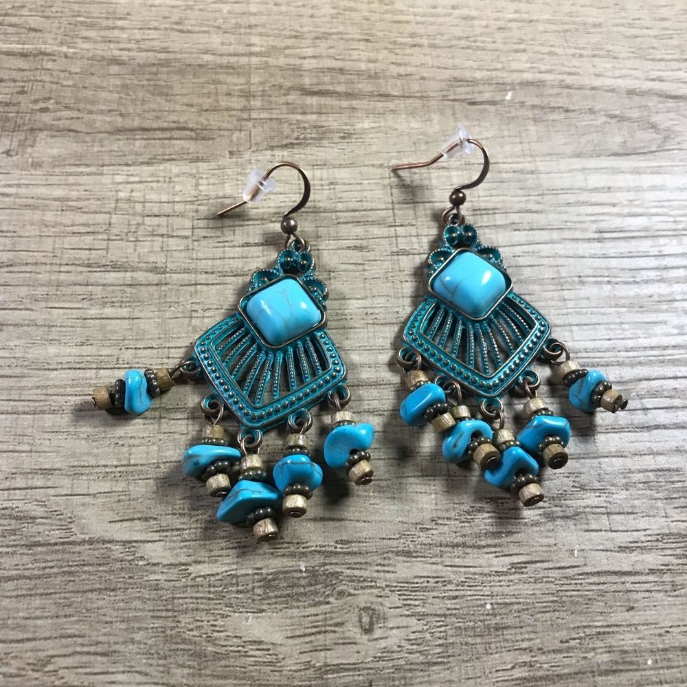 Bohemian Turquoise Diamond Stone Rustic Bronze Dangle Earrings
